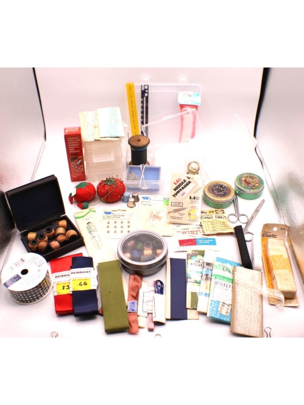 Sewing Notions Lot Tomato Pincushion Wooden Spool Tins Snap Elastic AND More Vtg